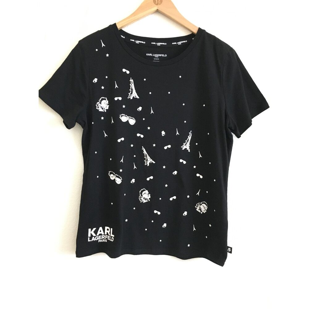 Karl Lagerfeld Paris Embellished Eiffel Tower Graphic T-Shirt Black M